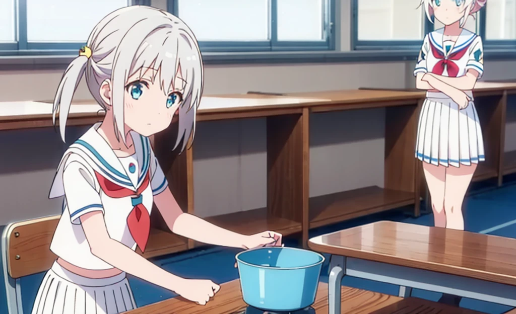 (masterpiece), classroom, 1girl, medium hair, white hair, (aqua eyes:1.2), (white sailor collar:1.2), serafuku, white skirt, pleated skirt