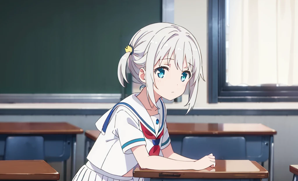 (masterpiece), classroom, 1girl, medium hair, white hair, (aqua eyes:1.2), (white sailor collar:1.2), serafuku, white skirt, pleated skirt