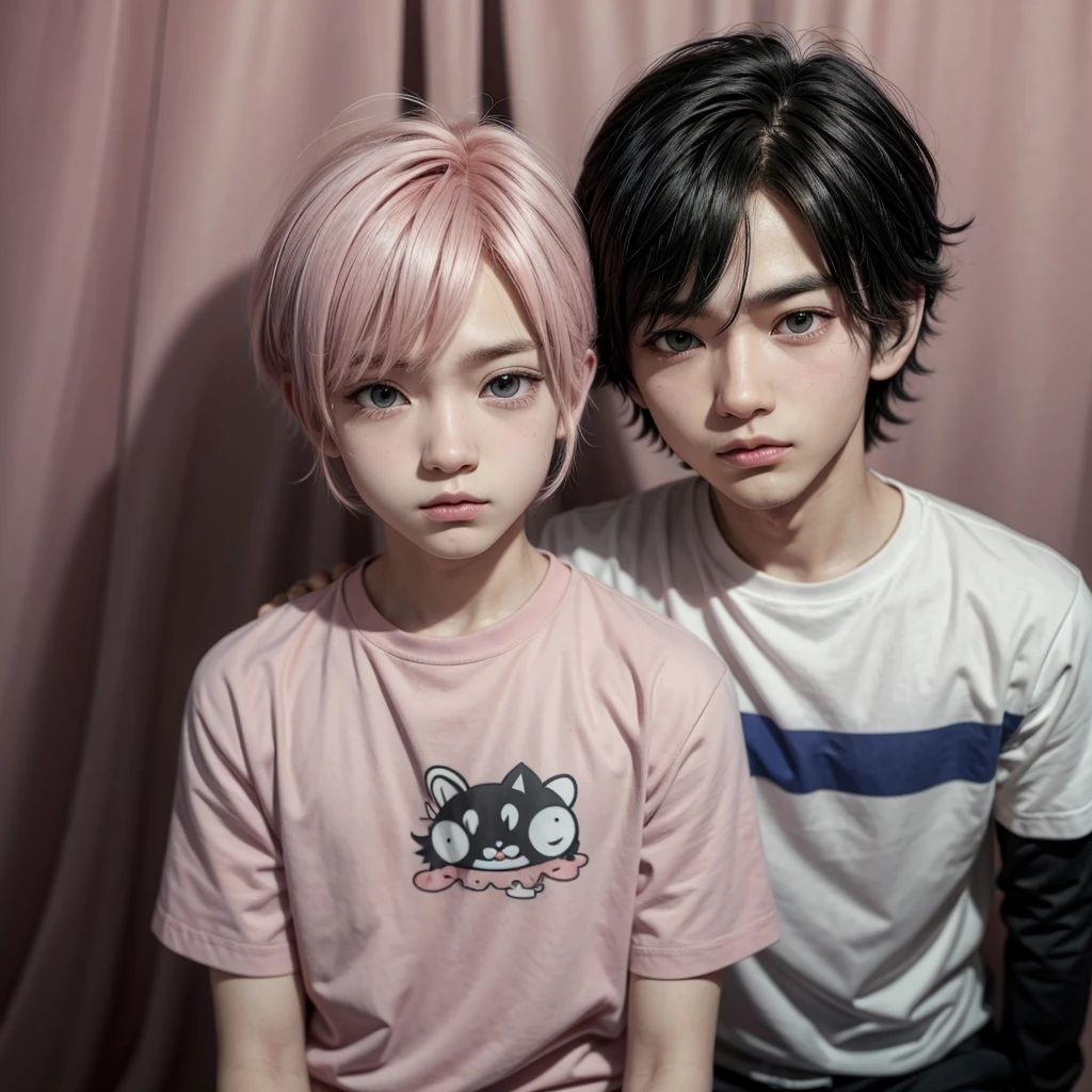 a 2D anime style cute cartoon art of the shy boy in darkness badroon with a pink shirt and gay flag