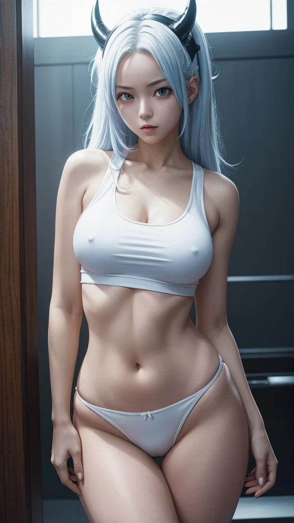 One piece anime, sexy woman, black panties, tight white tanktop two sizes too small, white hair with blue highlights, NSFW, devil horns