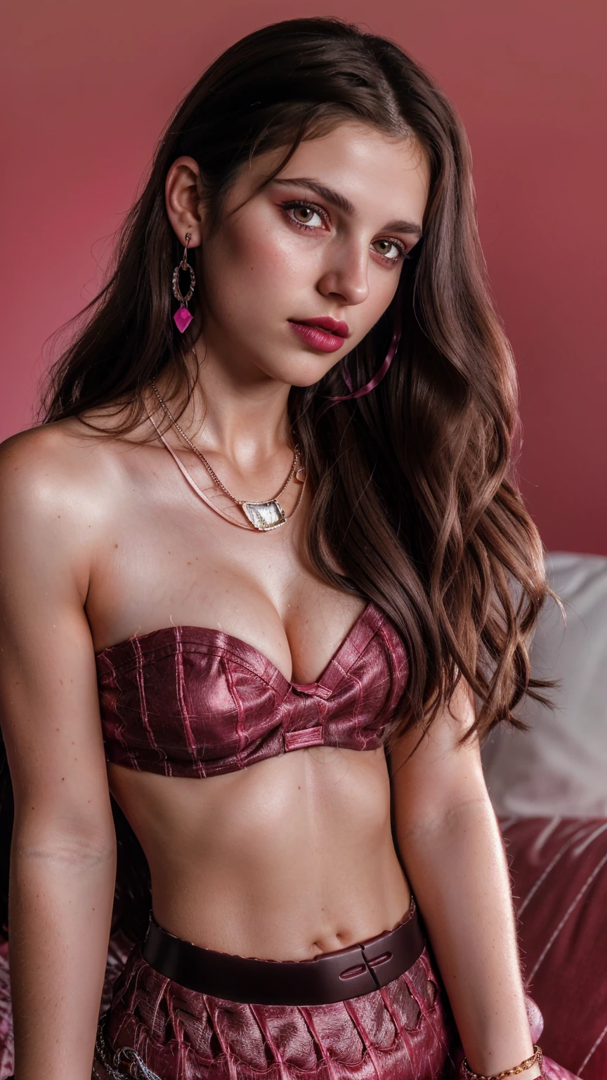 Wavy brown hair, (RAW photo, realism: 1.8), (very dark lip gloss, jet pink lipstick, many eyelashes, dark black eye shadow, shy, blushing, high quality, high resolution, chromatic aberration, caustic, wide light, natural colors, 20 year old woman), necklaces, chokers, earrings, bracelets, wear many accessories, style A good woman,l, silk pink shirt, standing, posing for photograph, beautiful skin, lots of exposure, very line, looks delicious, lips that make you want to kiss, scruffy futon,