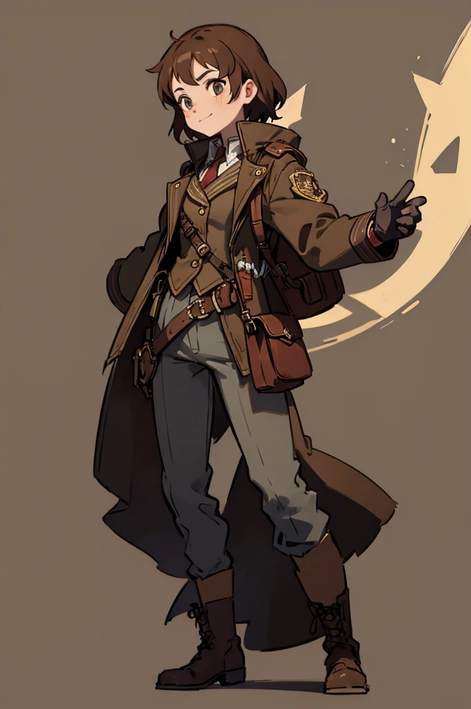 1.steampunk,15 years old,Brown Hair,goggles,A fake smile,gloves,whole body,boots,pants