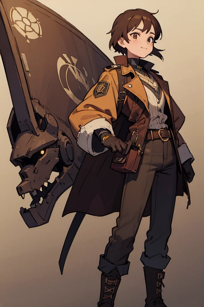 1.steampunk,15 years old,Brown Hair,goggles,A fake smile,gloves,whole body,boots,pants