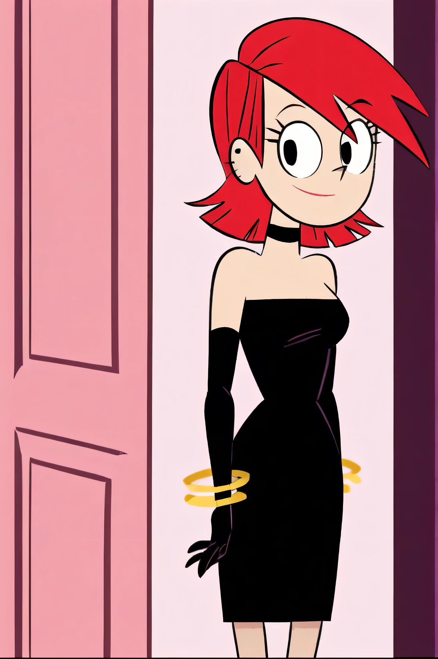 FrankieFoster, red medium hair, red bob hair cut, black eyes, posing, solo, strapless white shirt, black pencil skirt, dress, black elbow gloves, gold bracelet, smile, beautiful, arms at sides, standing at the pink front door, looking at viewers,