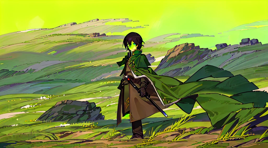 yuichiro hyakuya, (WithoutFear:1), 1 boy, black hair, green eyes, brown coat, gray armor, green shield, green cloak, dark brown gloves, town, white fur trim, tall, anime, standing, good quality, portrait, looking at viewer