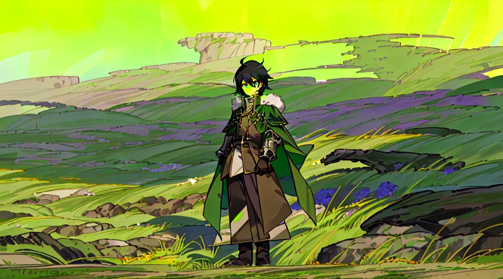yuichiro hyakuya, (WithoutFear:1), 1 boy, black hair, green eyes, brown coat, gray armor, green shield, green cloak, dark brown gloves, town, white fur trim, tall, anime, standing, good quality, portrait, looking at viewer