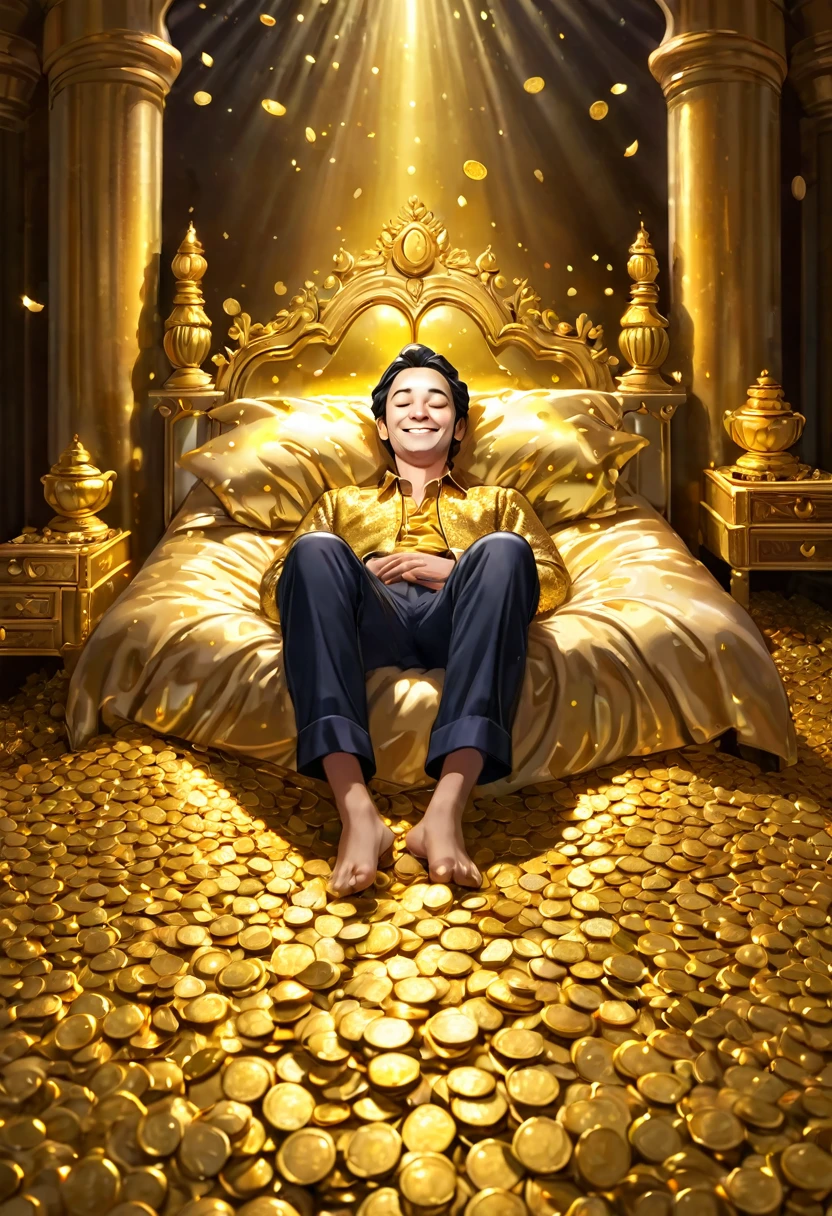 king sleeping on a gold bed, calm expression, smile, surrounded by gold coins, full of money, stacked with gold coins, fine grains of light