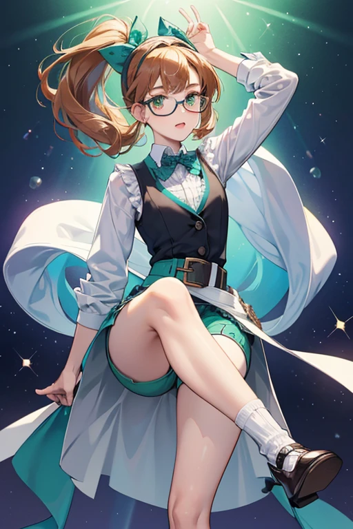 Sabrina is fair-skinned, slender girl with shoulder-length ginger hair and green eyes.
She wears a purple and green-blue argyle vest with a white long-sleeved dress shirt underneath. She has light blue shorts with a brown belt, black leggings with a dark blue argyle pattern, light blue socks, and white shoes with black toe caps and laces. Sabrina also dons glasses with a grey-brown pattern and a creamy white headband. SPARKLE; GLITTER