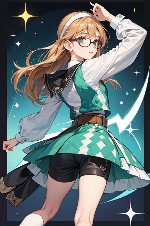 Sabrina is fair-skinned, slender girl with shoulder-length ginger hair and green eyes.

She wears a purple and green-blue argyle vest with a white long-sleeved dress shirt underneath. She has light blue shorts with a brown belt, black leggings with a dark blue argyle pattern, light blue socks, and white shoes with black toe caps and laces. Sabrina also dons glasses with a grey-brown pattern and a creamy white headband. SPARKLE; GLITTER