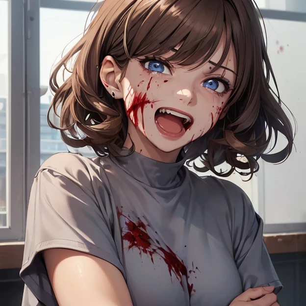 (master piece, best high quality image, very good detailed image, very good detailed character, very good detailed background, very detailed textures, carefully detailed and textures, character alone)
{{((1:character: 46 years old light-brown hair principal woman, (fair skin, light-blue eyes, short, medium curly light-brown hair, sadistic smile, evil nature, happy screaming face, blood on her face, blood on her shoulders), (grey shirt), (high school principal office))}}