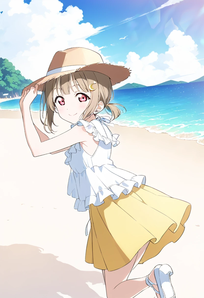 ((style:Colored pencil))Kasumi Nakasu, lovelive, Yellow-brown hair, Bobcut, short hair, ワンレングスBobcut, Asymmetrical Hair,Short Ponytail,  Red Eye, Yellow Skirt, White ruffled blouse, No sleeve, panama hat, Crescent moon hair ornament, Left of face, adult, flare lens, Single, alone, whole body, Back view, smile, Shy, Push hair up behind ear, With your right hand, White Sandals, Hands holding sandals, With your left hand, Seaside, Sandy Beach, 
nakasu kasumi,