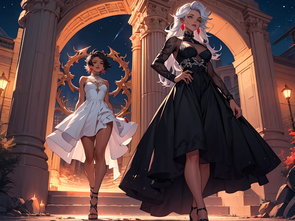 Ultra detailed, clothing hole body, hole body, tan skin, latin drag queen, dress black and red, crystals, details, hole body, fashion, long white hair, fashion dress, walking on hell, night, cenario, beauty, three poses