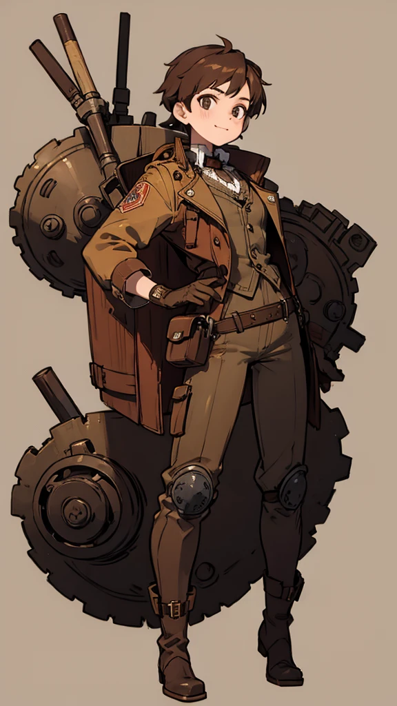 1.steampunk,,Brown Hair,goggles,A fake smile,gloves,whole body,boots,pants