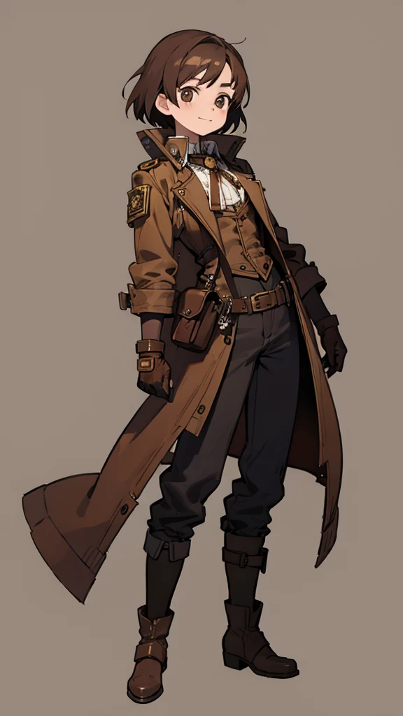 1.steampunk,15 years old,Brown Hair,goggles,A fake smile,gloves,whole body,boots,pants