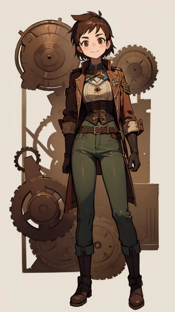 1.steampunk,15 years old,Brown Hair,goggles,A fake smile,gloves,whole body,boots,pants