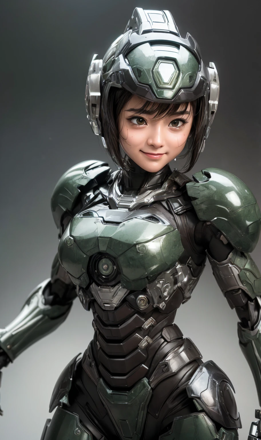 Textured skin, Super detailed, Attention to detail, high quality, 最high quality, High resolution, 1080P, hard disk, beautiful,(War Machine),beautifulサイボーグ女性,Dark Green Mecha Cyborg Girl,battle,Girl with a mechanical body,、Thick eyebrows　middle School girls　Boyish short hair、Sweaty brown eyes、Sweaty face、Expressions of joy　Blushing　Open mouth laughing　very loud laugh　Cute Smile　Black-haired　((Steam coming out of the head)) (Steam coming out of the whole body) Cool pose　Gloss　Sweat flying