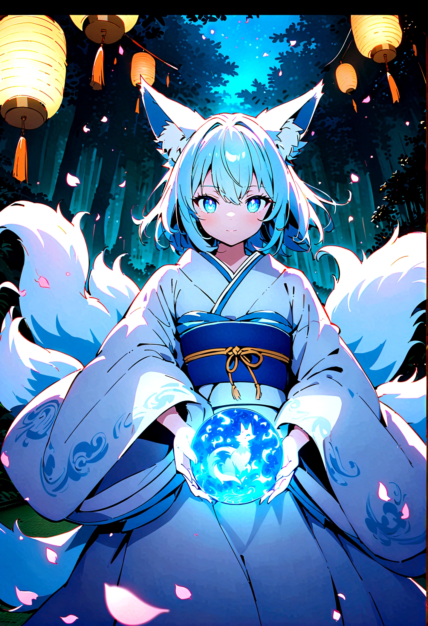 fox Light blue hair beast girl indigo fur fox beast girl fox Light blue hair beast girl indigo fur fox beast girl Wallpaper 4k,8k,highly detailled,,vivid colors,detailed kitsune with 9 tails,traditional Japanese artwork,tatami floor,beautiful cherry blossoms,floating lanterns,dark silhouette of a pagoda,subtle moonlight,dense forest,ethereal atmosphere,dappled sunlight,whimsical spirit,serene expression,elaborate kimono and obi,delicate hand-painted details,luminous eyes Anime Style fox blue White-faced golden-haired nine-tailed fox Coat blue fox Light blue hair beast girl indigo fur fox beast girl Anime Style fox blue White-faced golden-haired nine-tailed fox Coat blue mysterious background Blue Flame girl have a ball of light fox Light blue hair beast girl indigo fur fox beast girl mysterious background Blue Flame girl have a ball of light Anime Style fox blue White-faced golden-haired nine-tailed fox Coat blue mysterious background Blue Flame girl have a ball of light