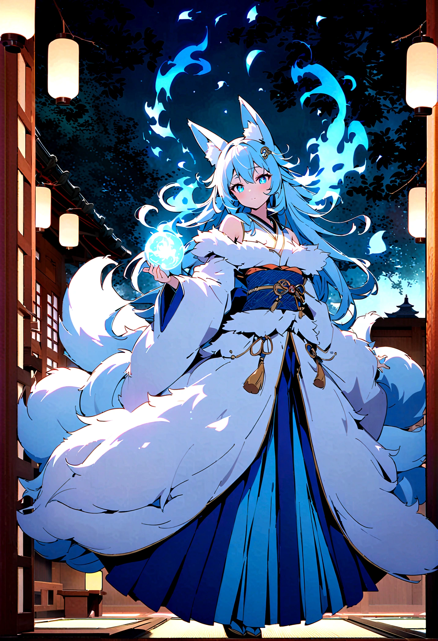 fox Light blue hair beast girl indigo fur fox beast girl fox Light blue hair beast girl indigo fur fox beast girl Wallpaper 4k,8k,highly detailled,,vivid colors,detailed kitsune with 9 tails,traditional Japanese artwork,tatami floor,beautiful cherry blossoms,floating lanterns,dark silhouette of a pagoda,subtle moonlight,dense forest,ethereal atmosphere,dappled sunlight,whimsical spirit,serene expression,elaborate kimono and obi,delicate hand-painted details,luminous eyes Anime Style fox blue White-faced golden-haired nine-tailed fox Coat blue fox Light blue hair beast girl indigo fur fox beast girl Anime Style fox blue White-faced golden-haired nine-tailed fox Coat blue mysterious background Blue Flame girl have a ball of light fox Light blue hair beast girl indigo fur fox beast girl mysterious background Blue Flame girl have a ball of light Anime Style fox blue White-faced golden-haired nine-tailed fox Coat blue mysterious background Blue Flame girl have a ball of light