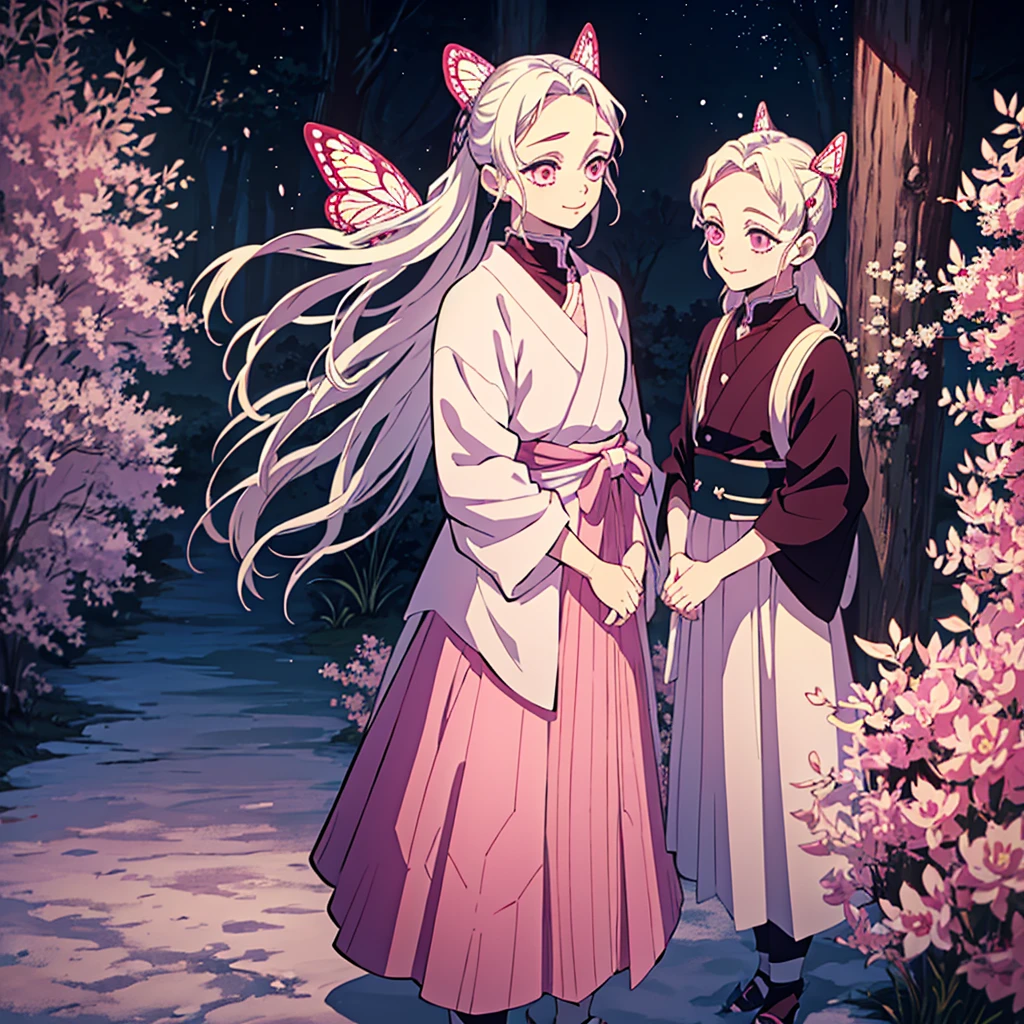 Kimetsu no yaiba style best quality 0.8,beautiful medium white hair(Loose). DARK EYES, happy face, one is 16 years old 1,64 tall with a pink katana, a half red pink haori with a butterfly clip
