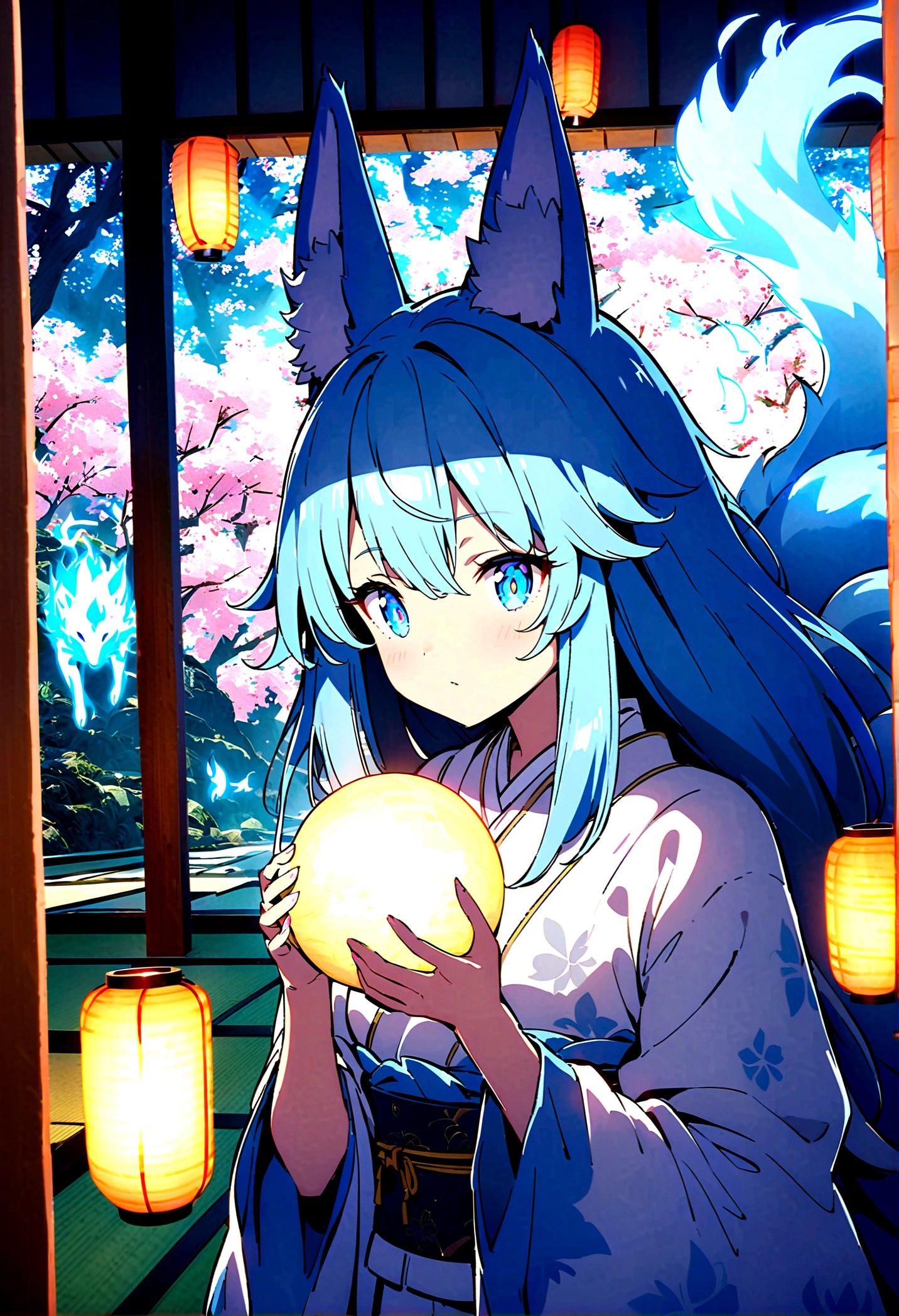 fox Light blue hair beast girl indigo fur fox beast girl fox Light blue hair beast girl indigo fur fox beast girl Wallpaper 4k,8k,highly detailled,,vivid colors,detailed kitsune with 9 tails,traditional Japanese artwork,tatami floor,beautiful cherry blossoms,floating lanterns,dark silhouette of a pagoda,subtle moonlight,dense forest,ethereal atmosphere,dappled sunlight,whimsical spirit,serene expression,elaborate kimono and obi,delicate hand-painted details,luminous eyes Anime Style fox blue White-faced golden-haired nine-tailed fox Coat blue fox Light blue hair beast girl indigo fur fox beast girl Anime Style fox blue White-faced golden-haired nine-tailed fox Coat blue mysterious background Blue Flame girl have a ball of light fox Light blue hair beast girl indigo fur fox beast girl mysterious background Blue Flame girl have a ball of light Anime Style fox blue White-faced golden-haired nine-tailed fox Coat blue mysterious background Blue Flame girl have a ball of light
