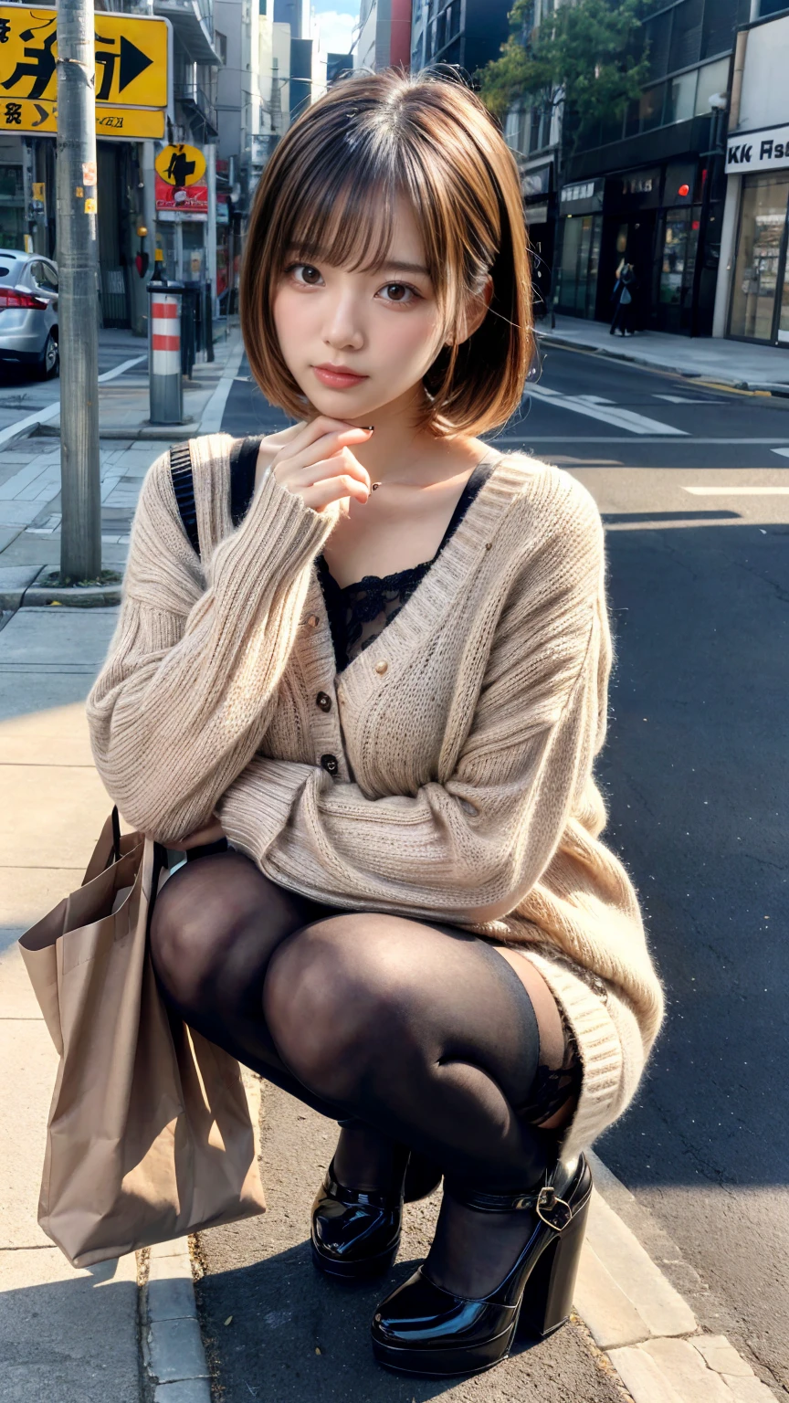 Photo taken by a professional photographer,Close-up of a woman squatting on the sidewalk with her legs crossed, kiko mizuhara, wearing a sweater, Shirahime cut brown hair, wearing a sweater, young and cute girl, japanese model, 白いwearing a sweater, Chiho, ランダムカラーのカジュアルなwearing a sweater,Cute ide waves with short hair, a cute young woman, cute young woman, black pantyhose,black tights,black high heels,