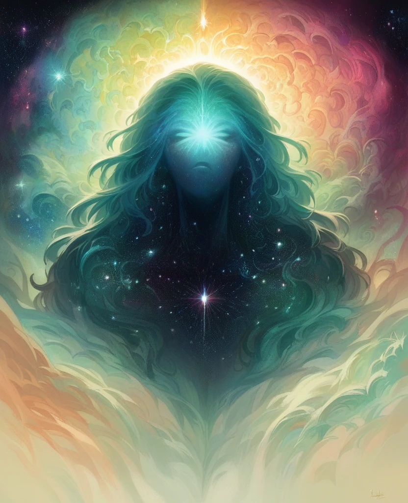 inconceivable and spectacular a scene of emergence of a figure from the glowing cloud, fractal nebula fios, cosmic entities, heavenly, cosmic, vibrant and vivid, swirls, twirling, unrealistic, hight contrast, symbolism, magical, Mystic, mystifier, hyper realist, oversaturate, fullcolor