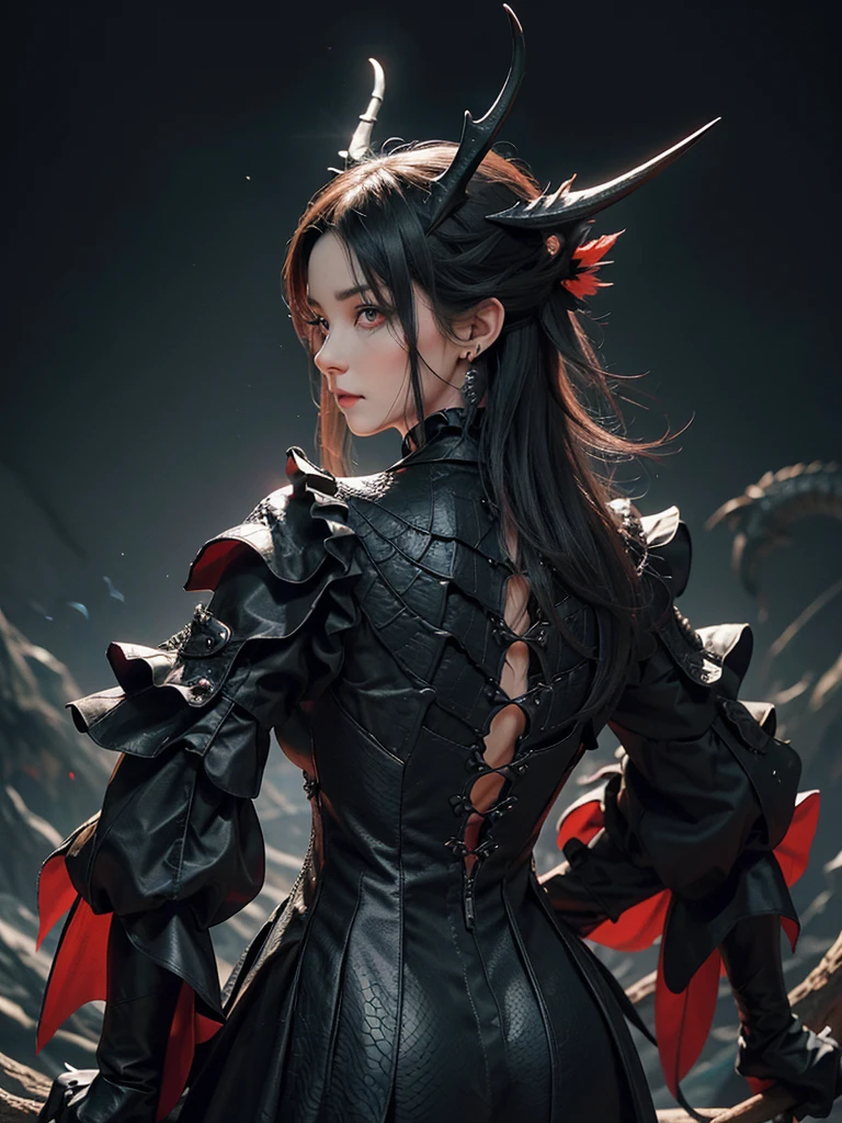 Make me a black dragon and red eyes, he must be flying, its two huge wings in the sky and with its jaw open, he has to be extremely scary and horrendous: Dragons are covered in scales, as well as spines that run down its back from head to tail. Particularly large ridges of antlers frame the edges of their faces., running along the back of the skull and along the jawline, that grow as they mature. Adult dragons have two sets of ruffles that run along the back of their necks and spine., two along the sides of their necks and another two centered closer to the backbone, for a total of four ruffles. These are formed by webs that grow between longer spines.