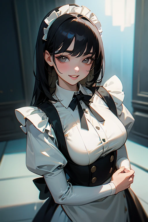 (Highest Resolution, clear_image) Highest quality, single, One woman, alone, masterpiece, Very detailed, Semi-realistic, Black Hairのショートヘア, Black Hair, bangs, 18-year-old, mature, Light blue , Indoor Background, kind, Authoritative, Powerful, exquisite features, exquisite features、Eyelashes become longer、Showing teeth、smile😀、Maid clothes、woman'Fingers in the、Sleeping on the sofa、Long Hair、Fluttering in the wind、((Off-the-shoulder clothing))
