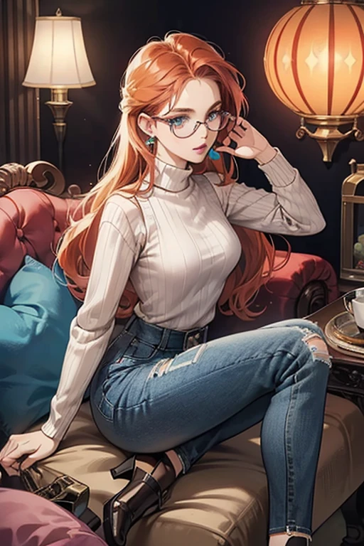dark red-orange hair and aquamarine-colored eyes. For make-up, she has light pink blue, pale green eyeshadow, and peach-colored lipstick.
She wears square-shaped glasses with brown rims, and she has earrings with, from the top down, round dark blue beads and silver leaf-shaped objects. She wears a light gray turtleneck sweater, a purple vest with three dark brown buttons, dark blue jeans, and dark brown shoes with thick heels. She also has a brown watch on her left wrist. SPARKLE; GLITTER