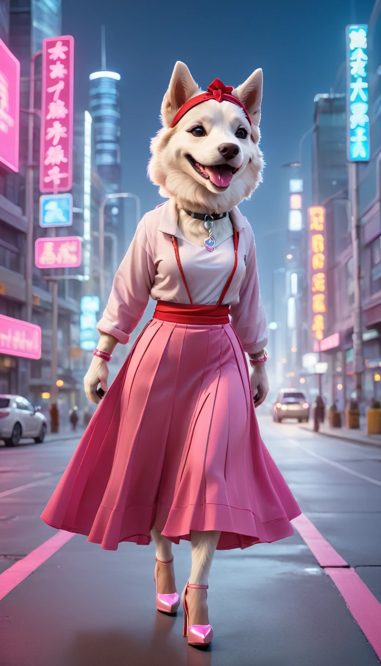 White dog wearing (urban pink flared long skirt: 1.5) and shirt. (Big smile: 1.5) (Red headband: 1.5) (White high heels: 1.5) Standing on a high-tech cityscape road with neon lights and holographic signs. Modern cyberpunk high-tech atmosphere in the background. Nice digital painting, 3D rendering, bright lighting, vibrant colors.
