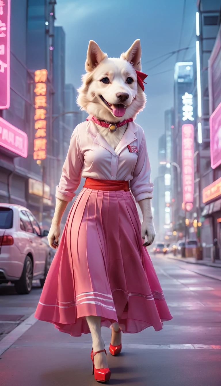 White dog wearing (urban pink flared long skirt: 1.5) and shirt. (Big smile: 1.5) (Red headband: 1.5) (White high heels: 1.5) Standing on a high-tech cityscape road with neon lights and holographic signs. Modern cyberpunk high-tech atmosphere in the background. Nice digital painting, 3D rendering, bright lighting, vibrant colors.