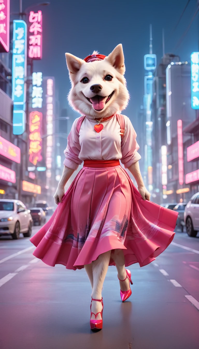 White dog wearing (urban pink flared long skirt: 1.5) and shirt. (Big smile: 1.5) (Red headband: 1.5) (White high heels: 1.5) Standing on a high-tech cityscape road with neon lights and holographic signs. Modern cyberpunk high-tech atmosphere in the background. Nice digital painting, 3D rendering, bright lighting, vibrant colors.