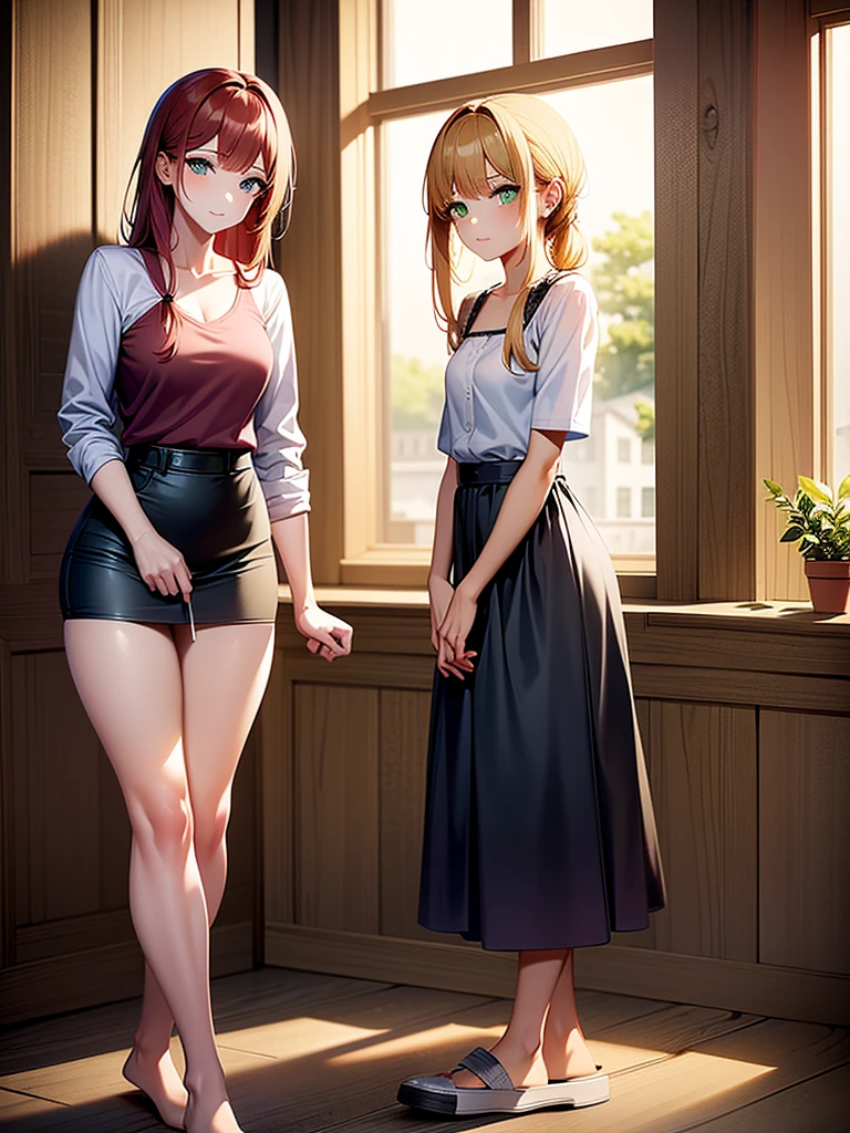 two girls, a girl with long light yellow hair and green eyes, second girl long dark red hair blue eyes, with casual clothes