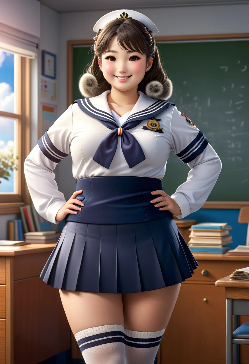  photorealistic portrait of Dressed animals-a ((fat)) ((seal)) student,(furry), (elegant pose:1.5), (hands on hips:1.5),(smile:1.5),high quality,(),(lovely) ,intricate details, Wearing Japanese sailor uniform , (short skirt), highly detailed ((female sailor  uniform)) ,highly detailed clothes, high sox , (happy), soft lighting,(full body image:2.0),in classroom background,clouds,score_9, score_8_up, score_7_up, score_6_up, score_5_up, score_4_up,