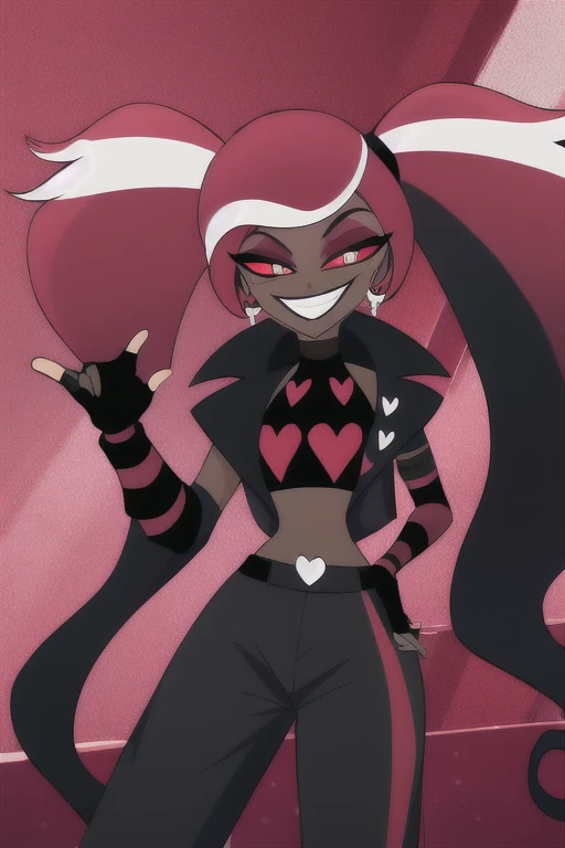 VelvetteHH, 1girl, solo, black jacket, strip pants, dark skin, white eyes sights, ponytails, fingerless gloves, room, red and white eyes, black shirts, smiling, room, sexy pose