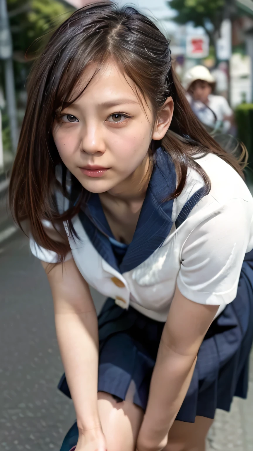 (A high school girl bends down on a Tokyo street to pick up a dropped letter:1.2、blue sky、Breast flash)、((school uniform、blazer、Pleated skirt、Navy blue socks、loafers)、the wind is strong、(Realistic、Like a photograph、Live Action、8K, Realistic, RAW Photos, Best image quality: 1.4), Single-lens reflex camera、RAW Photos, Highest quality, Realistic, Highly detailed CG Unity 8K wallpaper, Written boundary depth, Cinematic Light, Lens flare, Ray Tracing, Realistic background、((ultra high density skin))、 Teenage girl on her way to school,Cute Japanese、(ＹThe buttons on her shirt are undone, exposing a small portion of her bra.:1.4、Big Breasts、The top part of the bra is visible.)、(whole body:1.5)、Super detailed face，avert your eyes:1.1、(Silver inner color hair、Straight Long Hair:1.2、My hair flutters in the wind:1.4)、I like that style、stylish、Very detailed、Pay attention to the details、Perfect outfit、(Sunburned skin)、View from above、Accurate hands、Accurate legs、Detailed hands and fingers、Anatomically correct body、Thin legs、Thin thighs、Large Breasts、Detailed bra