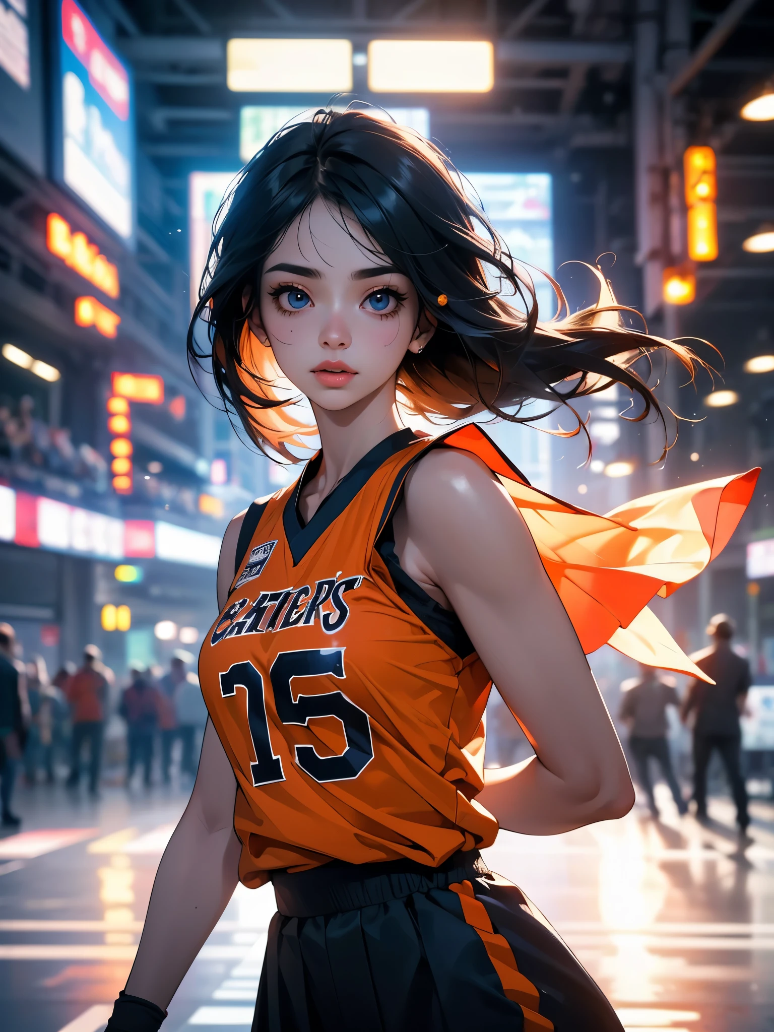 (8K, best qualityer, work of art:1.2), (realisitic, photo-realisitic:1.37), ultra detali,best qualityer, ultra high resolution, professional lighting, Photon mapping, radiosity, physically based rendering, cinematic lighting, basketball court,Depth of field, sharp focus,ray of sunlight, good composition,(bokeh:1.2) 1 girl,standing alone,(whole body), (cloused mouth),beautiful detailed eyes, pose, narrow waisted,basketball uniform, Bblack hair,Messy hair,long hair flowing in the wind,(ulzzang-6500:1.2),  mix4, hiqcgbody