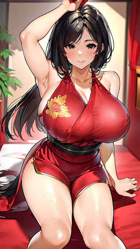 a beautiful woman,Standard red silk cheongsam,Smile,black hair,Large Breasts,Sexy,Slim body,Holding a Chinese long sword,long sword waving, (gold embroidery thread), (Such),outdoor