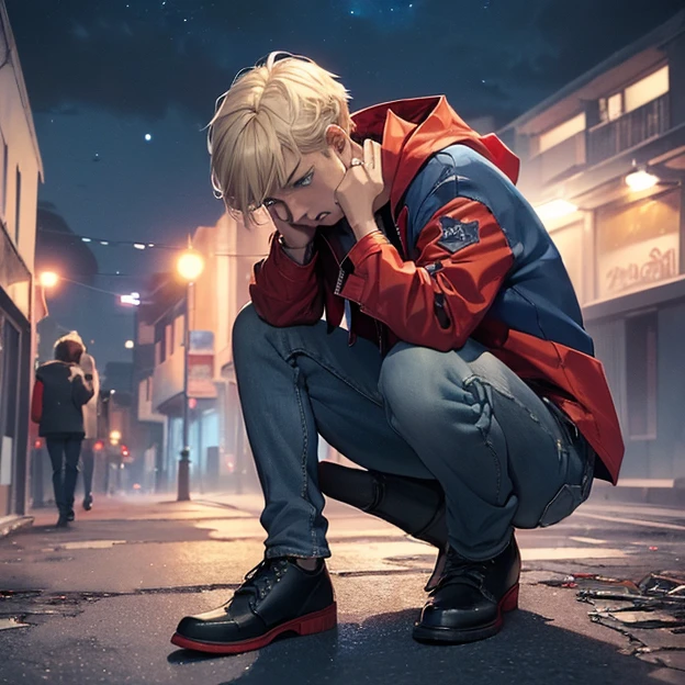 (master piece, best high quality image, very good detailed image, very good detailed character, very good detailed background, very detailed textures, carefully detailed and textures, charactercalone)
{{((1:character: 25 years old blonde boy, (fair skin, light-blue eyes, short blonde hair, sad face, devastated demeanor, impotent, crying screaming face), (red-blue hood jacket, blue jeans, black shoes), (night sky, modern buenos aires-argentina city))}}