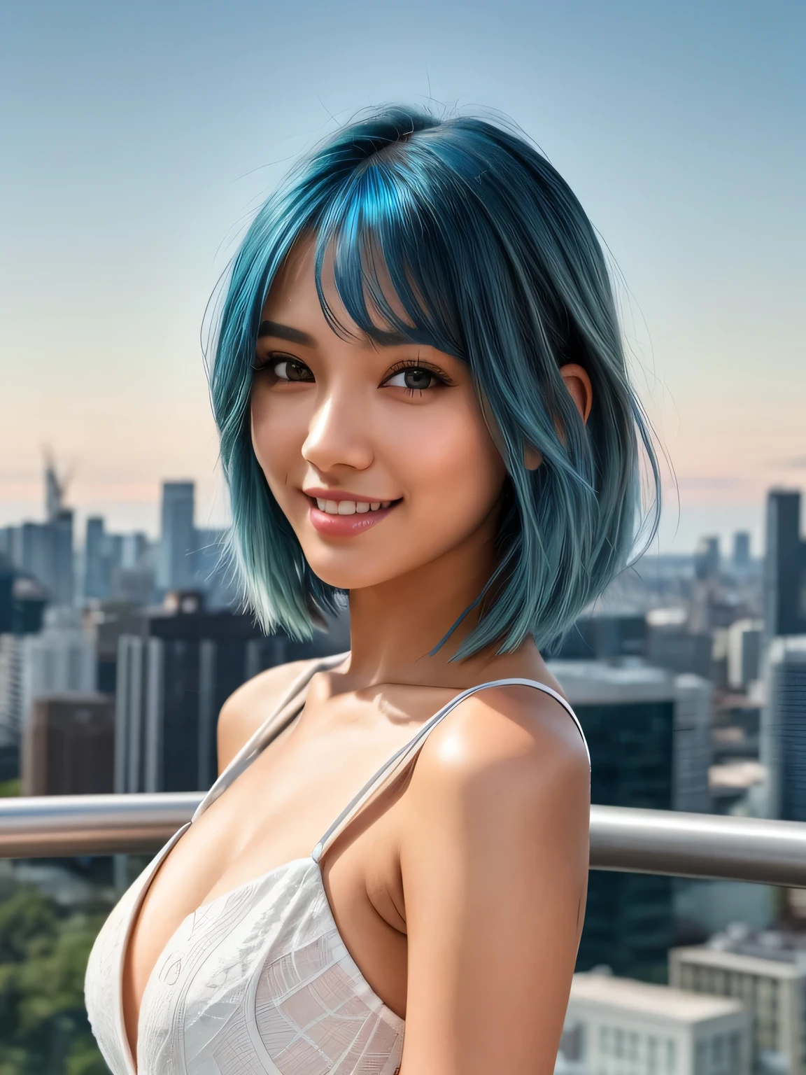 (blue hair:1.4), short hair, realistic green eyes, cobalt hair, long bob hair, tousled hair, shoulder length hair, Full body, woman with white skin and Asian features, 24 year old, big breast. She has a small, elegant nose with a slight upward curve at the tip. Her lips are full and naturally pink, with a well-defined Cupid's bow. Her teeth are straight and white, enhancing her captivating smile. Her face has an oval shape with high cheekbones that add to her model-like appearance. (crack), detailed (texture!, shine, color!!, flaws: 1.1), highly detailed glowing eyes, (looking at camera), specular light, dslr, extreme quality, crystal clear, cute face, detailed skin pores, oil Dark skin, brown, complex eye details, she is far from the camera, A full-body portrait, captured from a distance. Dynamic Frame, 8K, Best Quality, Realistic, full body Realism, beautiful hairstyle, Dynamic Frame, full body photo, sky, star, landscape, starry sky, night, girl, night sky, solo, outdoor, signature, building, clouds, milky way, sitting, tree, city, silhouette, cityscape
, (short hair:1.3)