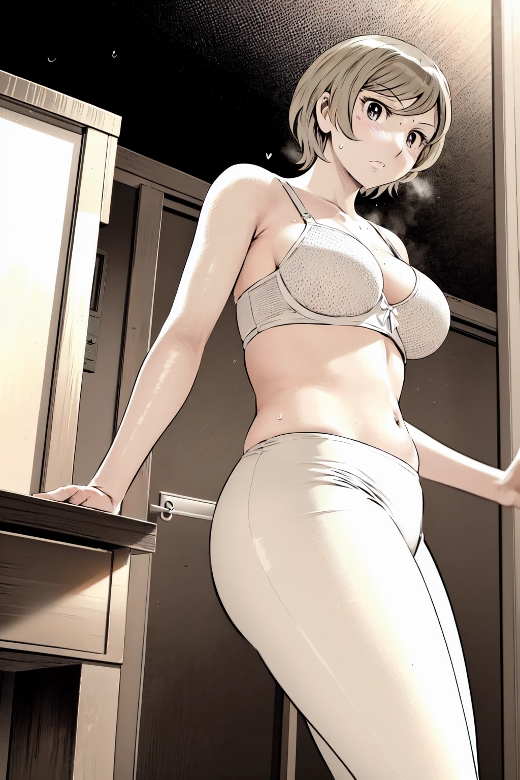 、(masterpiece、Highest quality)、Highest quality, Ultra-high resolution, (((masterpiece))), alone, Sweat、Big eyes,belly button、tits、bra、In underwear、Tight white pants、belt、indoor、Composition from the front、(Cut the back hair short、short hair、blonde、woman)、Shortcuts、Embarrassed face、Cut your hair short、可愛いwomanの子、Big Breasts、office