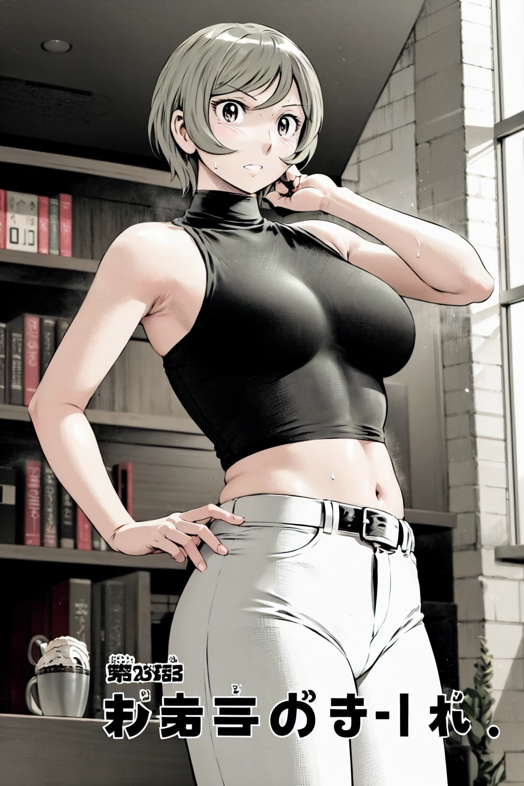 、(masterpiece、Highest quality)、Highest quality, Ultra-high resolution, (((masterpiece))), alone, Sweat、Big eyes,belly button、tits、bra、In underwear、Tight white pants、belt、indoor、Composition from the front、(Cut the back hair short、short hair、blonde、woman)、Shortcuts、Embarrassed face、Cut your hair short、可愛いwomanの子、Big Breasts、office