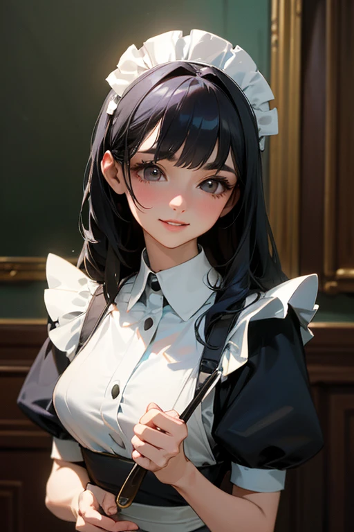 (Highest Resolution, clear_image) Highest quality, single, One woman, alone, masterpiece, Very detailed, Semi-realistic, Black Hairのショートヘア, Black Hair, bangs, 18-year-old, mature, Light blue , Indoor Background, kind, Authoritative, Powerful, exquisite features, exquisite features、Eyelashes become longer、Showing teeth、smile😀、Maid clothes、woman'Fingers in the、Sleeping on the sofa、Long Hair、Fluttering in the wind、((Off-the-shoulder clothing))