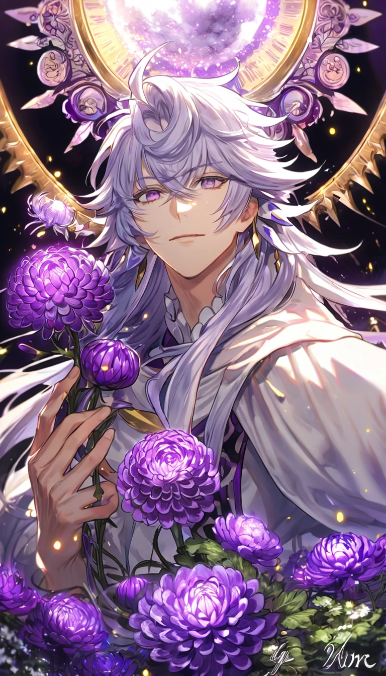 Ultra detailed, HDR, Highres, absurdres, master piece, Merlin, white long hair, expressive light purple eyes, Fate Grand Order, handsome, sexy man, solo, white tunic, purple water, fantasy, magical, purple Chrysanthemum flowers, purple aura, purple petals, best quality, purple fireflies, shining fireflies, purple moon, glittering, white cape