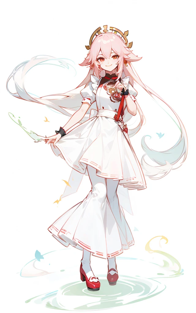 Yae Miko in a maid dress, pretty shoes, cute, smile, pretty face, long flowing hair