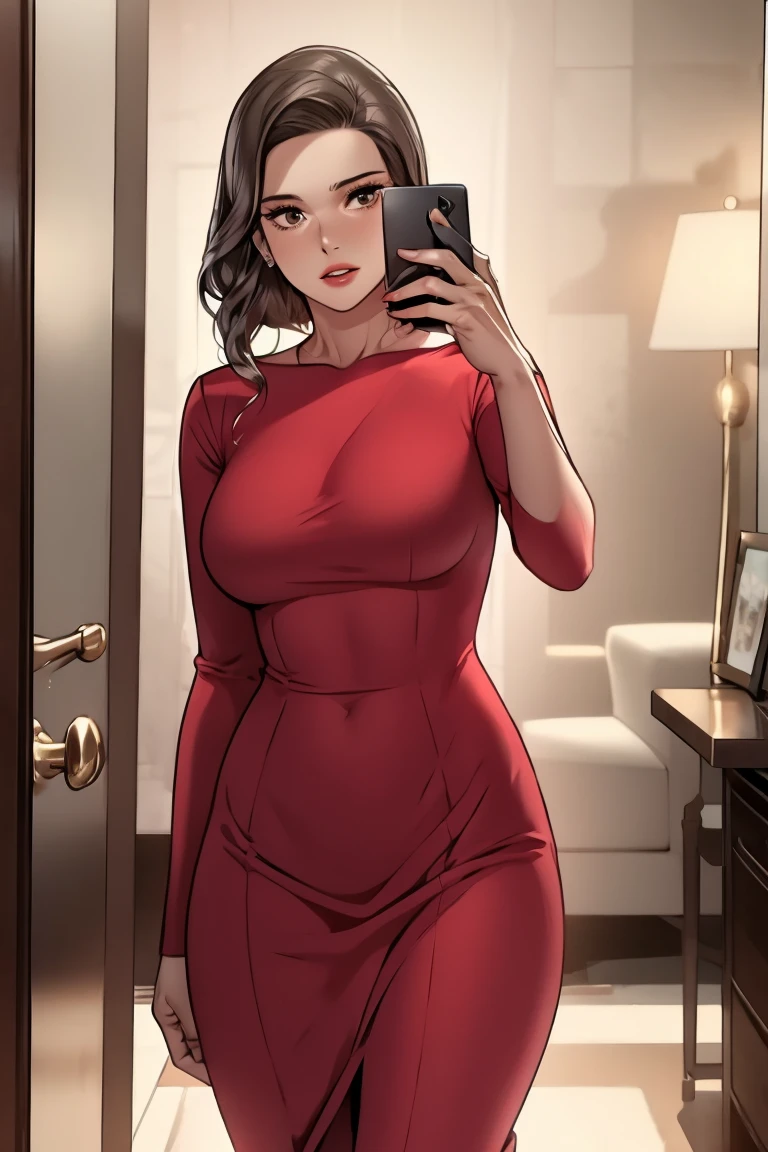 there is a woman taking a selfie in a mirror, sexy red dress, tight dress, red dress, wearing red dress, wearing a red dress, in a red dress, 30-year-old woman from cuba, sexy dress, full body picture, red hot, skintight dress, red body suit, in a dress, she arrived in a red dress,big breast, milf 