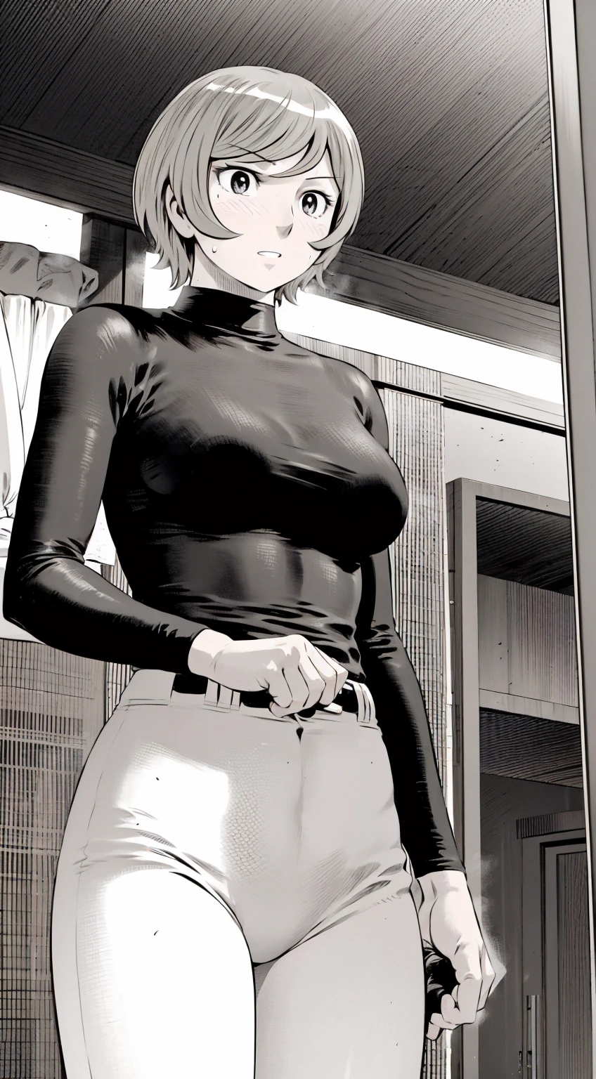 、(masterpiece、Highest quality)、Highest quality, Ultra-high resolution, (((masterpiece))), alone, Sweat、Big eyes,Tight black shirt、Tight white pants、belt、indoor、Composition from the front、(Cut the back hair short、short hair、blonde、woman)、Shortcuts、Embarrassed face、Cut your hair short、可愛いwomanの子、Big Breasts、Inside the room、Full Color、Baseball uniform
