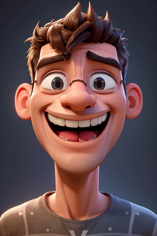 a 3D man laughing loudly, detailed and realistic face, expressive emotion, wide open mouth, head tilted back, dynamic pose, cinematic lighting, highly detailed, 8k, photorealistic, professional 3D render, vibrant colors, dramatic shadows, volumetric lighting, subsurface scattering, global illumination