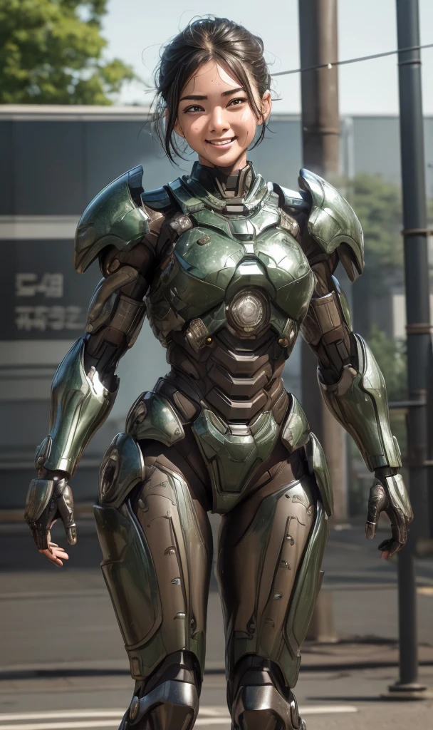 Textured skin, Super detailed, Attention to detail, high quality, 最high quality, High resolution, 1080P, hard disk, beautiful,(War Machine),beautifulサイボーグ女性,Dark Green Mecha Cyborg Girl,battle,Girl with a mechanical body,、Thick eyebrows　middle School girls　Boyish short hair、Sweaty brown eyes、Sweaty face、Expressions of joy　Blushing　Open mouth laughing　very loud laugh　Cute Smile　Black-haired　((Steam coming out of the head)) (Steam coming out of the whole body) Cool pose　Gloss　Sweat flying