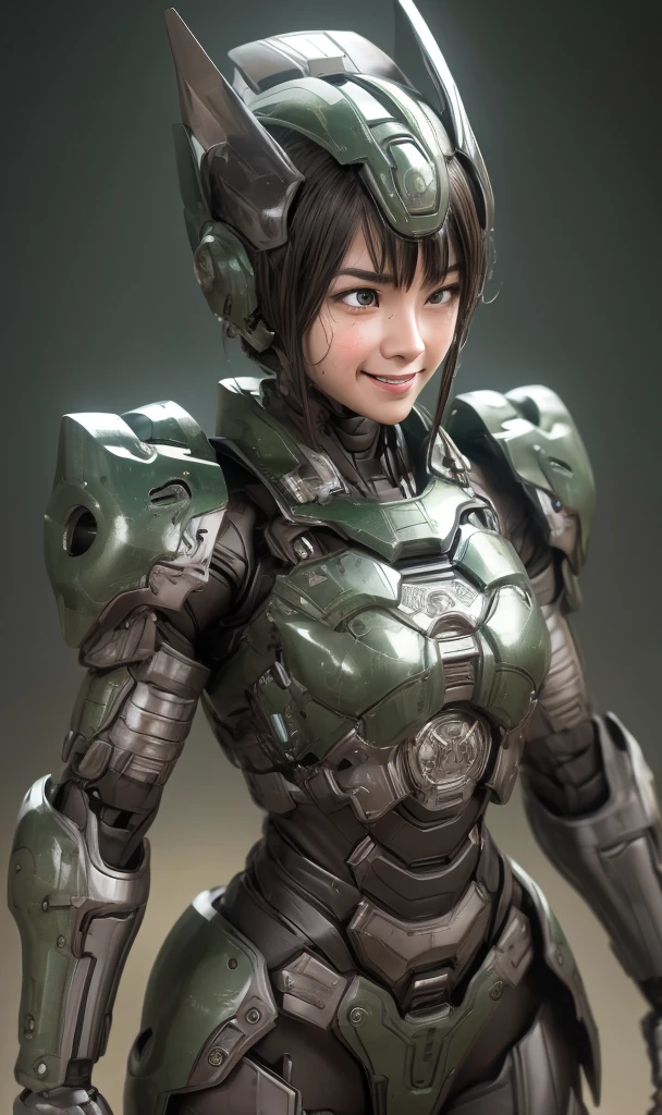 Textured skin, Super detailed, Attention to detail, high quality, 最high quality, High resolution, 1080P, hard disk, beautiful,(War Machine),beautifulサイボーグ女性,Dark Green Mecha Cyborg Girl,battle,Girl with a mechanical body,、Thick eyebrows　middle School girls　Boyish short hair、Sweaty brown eyes、Sweaty face、Expressions of joy　Blushing　Open mouth laughing　very loud laugh　Cute Smile　Black-haired　((Steam coming out of the head)) (Steam coming out of the whole body) Cool pose　Gloss　Sweat flying